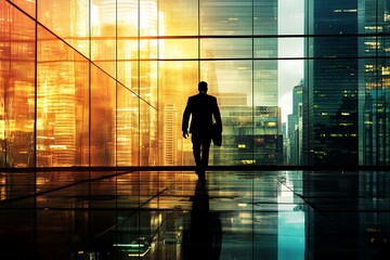 Businessman walking towards city skyline. Success, ambition, future concept.
