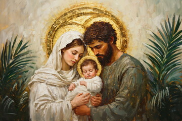 Holy family with golden halos in palm leaves. Virgin Mary and Saint Joseph holding baby Jesus Christ. Holy Family painted portrait © Milan