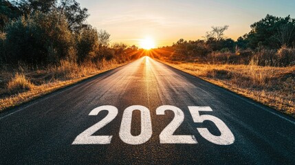 Asphalt road leading towards sunset with 2025 painted on it.