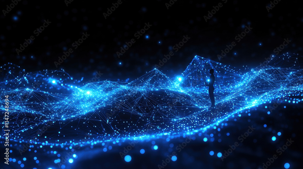 Poster abstract blue background with glowing connection lines and dots, a technology network concept