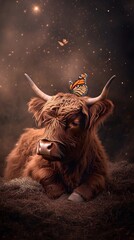 highland cow laying down with a butterfly on his head