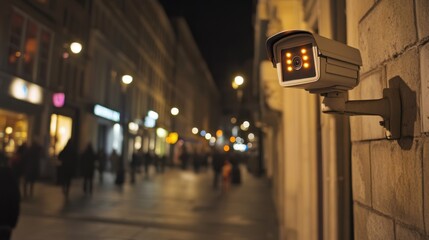 Fototapeta premium Security Camera Monitoring Street at Night with City Lights Glow