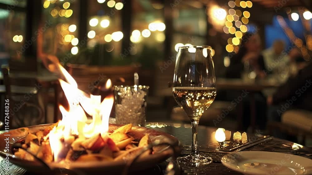 Poster glass of white wine sits on a table with a fire pit burning in the foreground. creating a warm and i