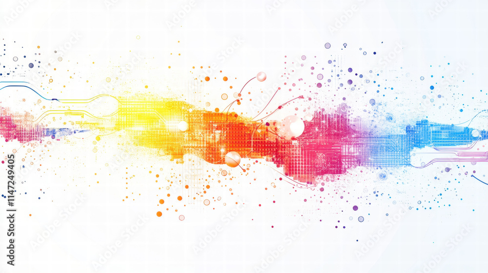 Poster abstract vector background with colorful digital elements and connections on a white backdrop, a tec