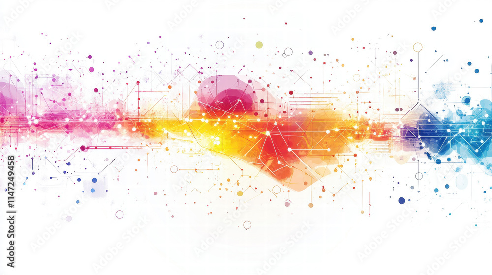 Poster abstract vector background with colorful digital elements and connections on a white backdrop, a tec