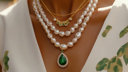 Close-up of woman's neck wearing layered pearl necklaces with emerald pendant.