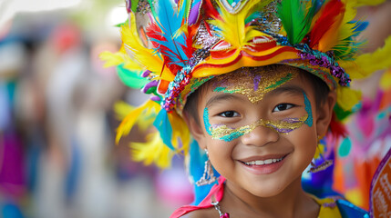 Fototapeta premium Philippines Vibrant Festival Celebration with Child Wearing Colorful Masks and Costumes