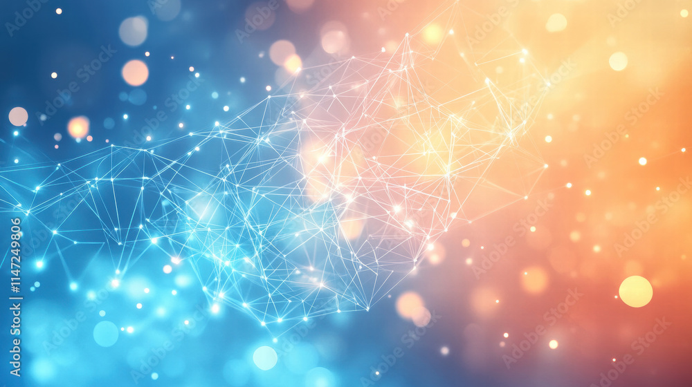 Poster abstract digital background with glowing connections and polygonal mesh lines, representing the conc