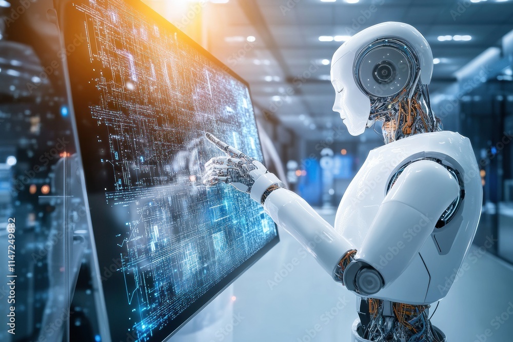 Fototapete human and ai working together on tasks in a modern office environment during daytime. generative ai