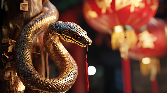 A snake with a red tail is hanging from a tree
