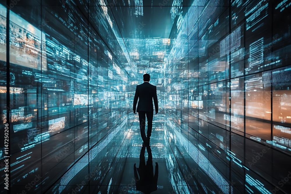 Poster man walking through digital data tunnel. concept of big data, technology, and future.