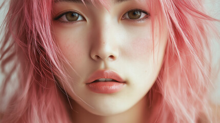 Fototapeta premium Portrait of a beautiful young asian with pink hair , model girl with pink hairstyle