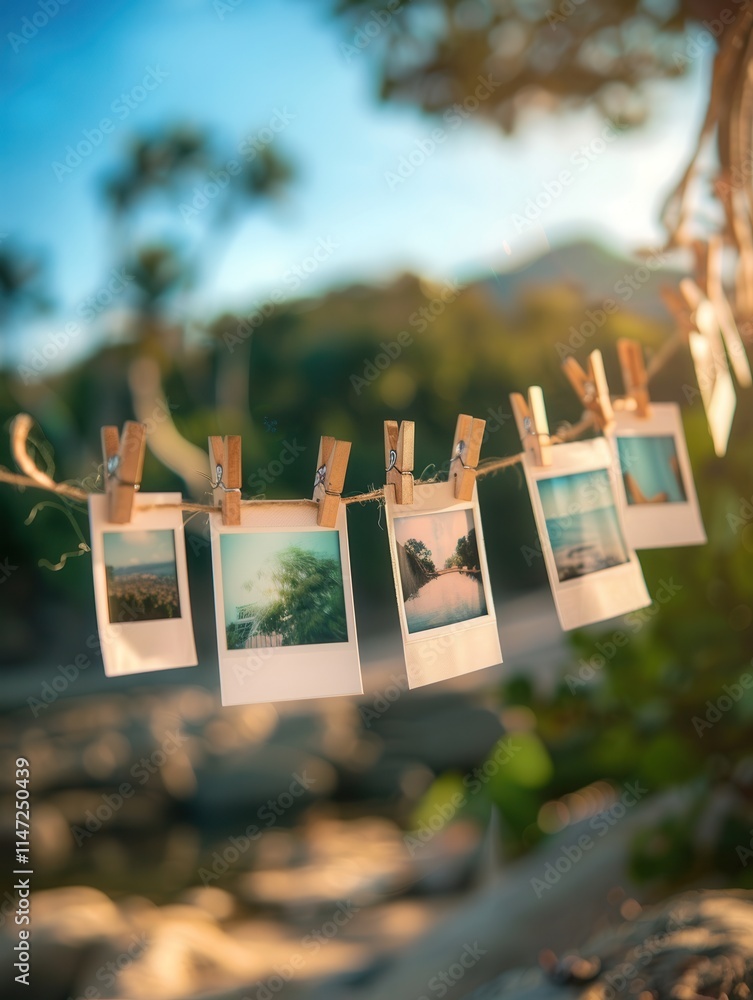 Poster polaroid photos hanging on string with clothespins against a natural backdrop showcasing memories in