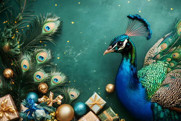 Obraz premium A stunning peacock displays intricate feathers surrounded by colorful ornaments and presents
