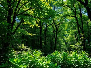 Lush green forest with sunlight filtering through the trees, creating a serene and peaceful atmosphere, foliage, serene, scenery