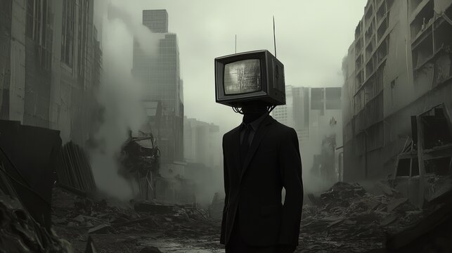 Man in black suit with TV for a head walks through a desolate urban landscape - Powered by Adobe