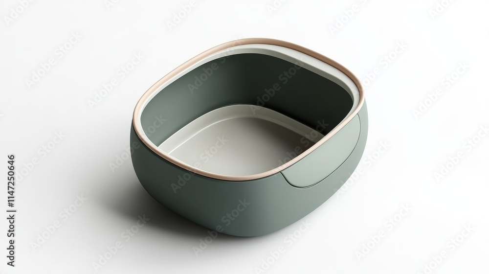 Poster 3d minimalist icon of a simple open cat litter box with smooth, curved edges, isolated on a white ba
