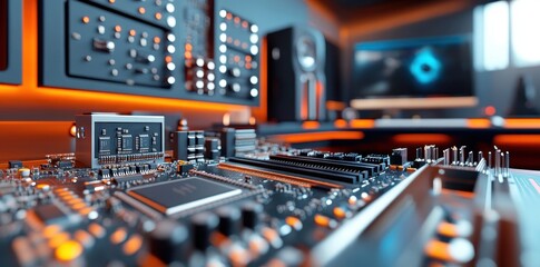 Close-up of a computer motherboard, showcasing its intricate circuitry and components within a technologically advanced workspace.