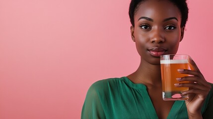 Woman enjoying a refreshing drink against a pink background.