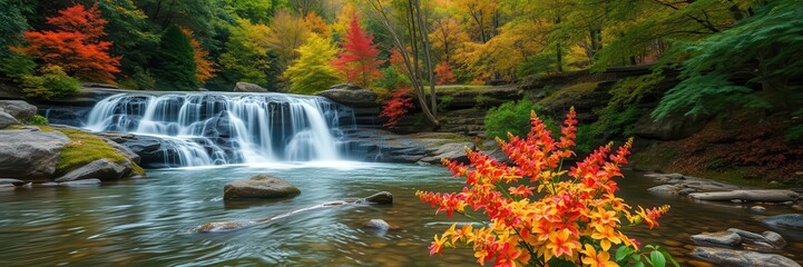 A stunning waterfall cascading down lush green rocks, surrounded by vibrant flowers and trees, peaceful, colorful, nature