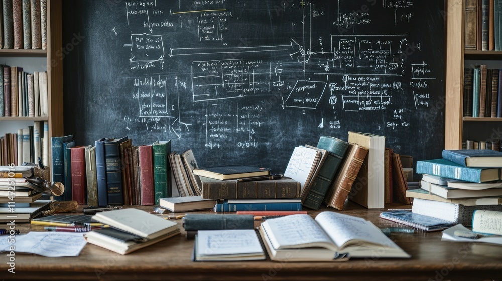 Poster desk filled with books, notebooks, and stationery in a study with a chalkboard backdrop capturing a 