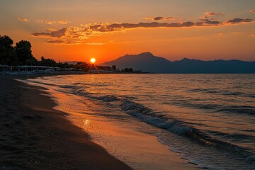 Obraz premium Stunning sunset over a tranquil beach with gentle waves lapping the shore, mountains in the distance.