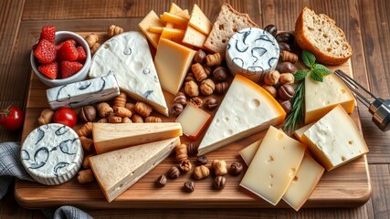 Delicious Cheese & Snacks Flat Lay - Wooden Board, Bright Colors, High Resolution