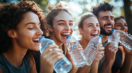 Happy friends drinking water after workout. © afif