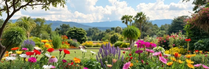 An artistic display of colorful flowers and greenery in a serene garden setting, perfect for creative outdoor backgrounds, outdoor, artistic, scenic