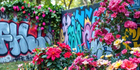 A vibrant and colorful graffiti mural covering a concrete wall in an urban park surrounded by green foliage and blooming flowers, foliage, graffiti, flowers