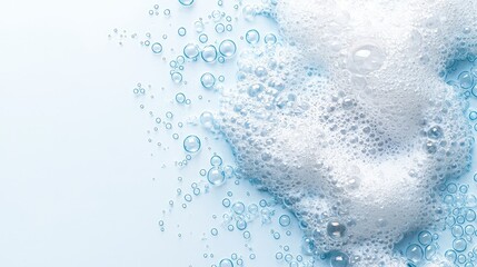 Close-up of white and blue foam bubbles on light blue background.