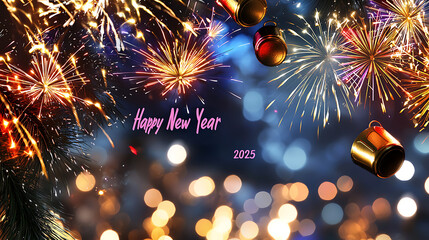 Fototapeta premium A colorful image of fireworks and a banner that says Happy New Year
