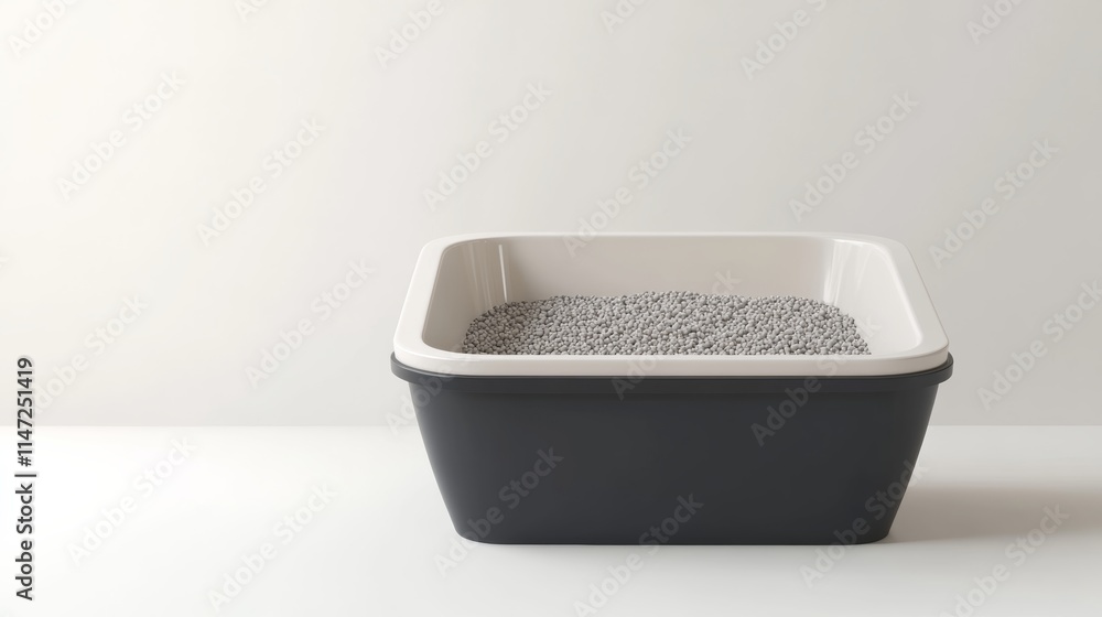 Poster 3d render of a high-sided cat litter box, simple design, isolated on a white background with a large