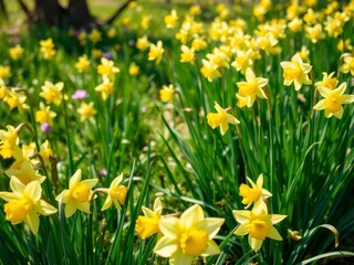 Fototapeta premium Beautiful yellow daffodil flowers blooming in a field under the sun, daffodil, vibrant