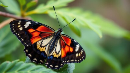 Naklejka premium Vibrant macro shot of a butterfly in its natural habitat, showcasing intricate patterns and colors, environment, details, wildlife