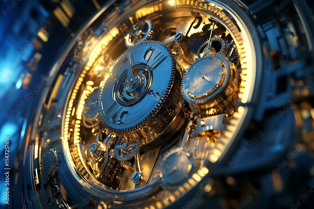 Poster detailed view of a futuristic mechanical clockwork mechanism. concept of time, precision, and techno