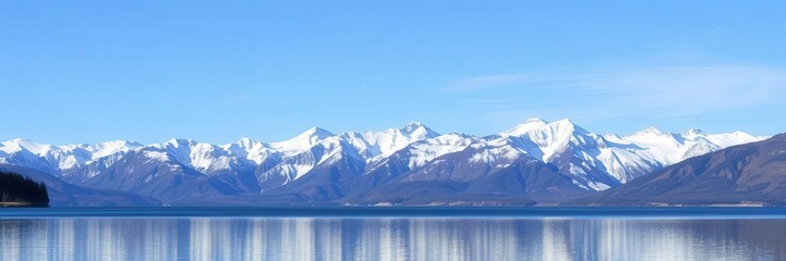 A breathtaking view of snow-capped mountains against a clear blue sky reflected in a tranquil lake, beauty, snowy, mountains