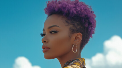 Portrait of a beautiful African young woman with a short hair on a blue background , model girl with purple short hairstyle