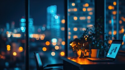 Night city view from modern office desk with laptop.