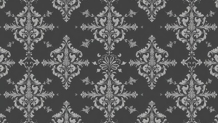 Elegant Seamless Damask wallpaper with intricate floral and geometric motifs in shades of silver and charcoal, vintage, ornate