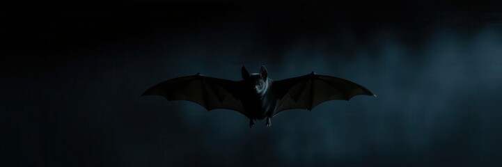Dark silhouette of a bat with large spread wings against a black background, flying, mysterious, eerie
