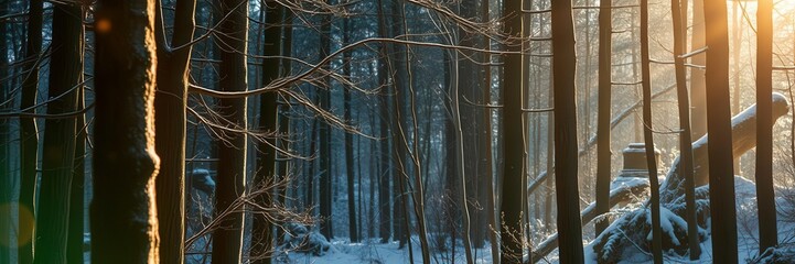 Enchanting winter wonderland with snow-covered trees and sparkling sunlight creating a magical atmosphere, sunlight, glittering, woods