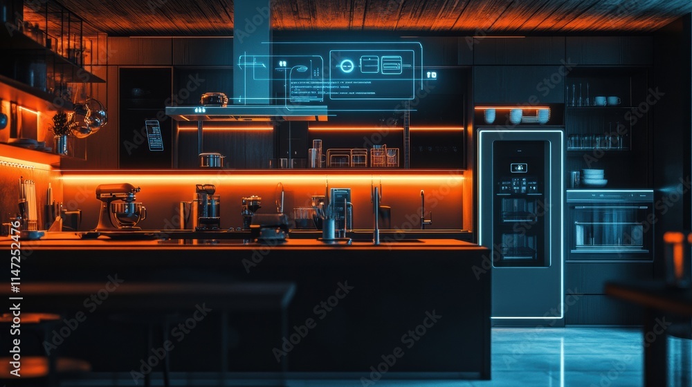 Poster a modern kitchen showcases high-tech appliances and ambient lighting, creating a stylish atmosphere 