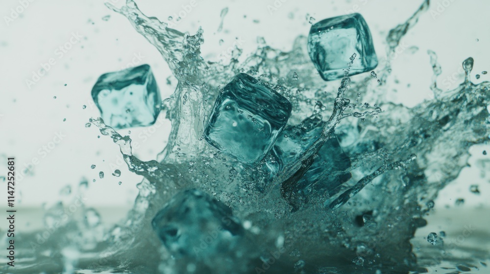 Poster ice cubes splashing into water, creating a dynamic water splash.