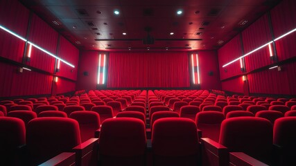 Fototapeta premium Empty Cinema Hall - Red Seats, Neon Lights, Illuminated Aisle - AI Photo