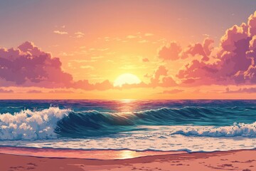 Fototapeta premium Vibrant sunset over ocean waves crashing on sandy beach.