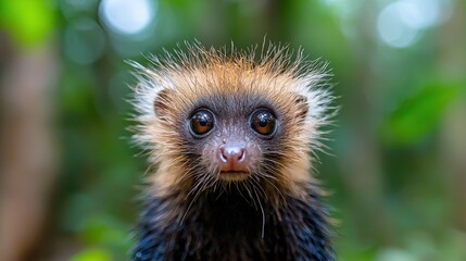 Naklejka premium Adorable baby primate with fluffy fur, staring directly at the camera in a lush green forest.