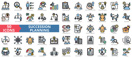 Succession planning icon collection set. Containing talent identification, skill assessment, performance evaluation, career path, job rotation, competence icon. Simple flat outline color illustration