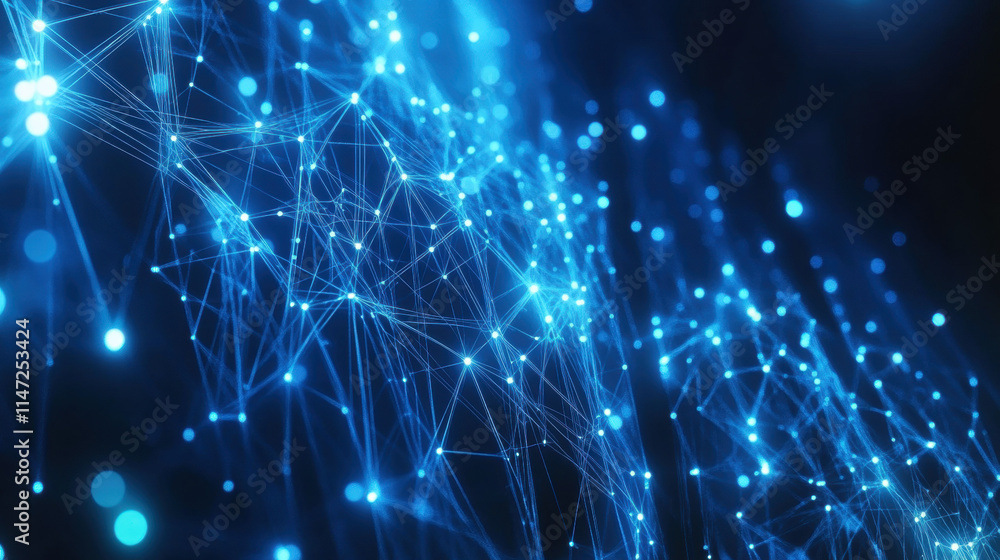 Poster abstract digital background with glowing connections and light particles on a blue backdrop, represe