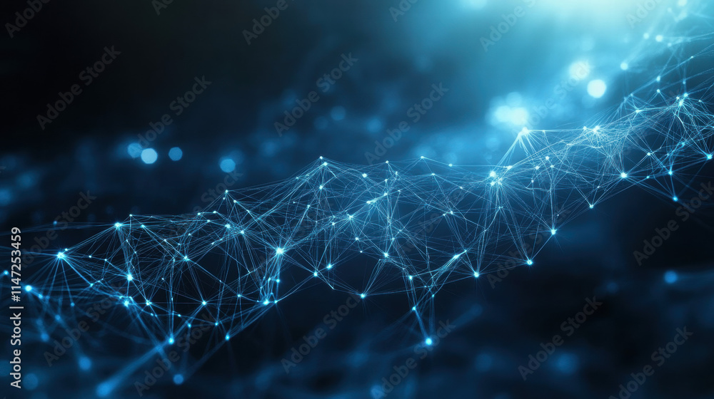 Poster abstract digital background with glowing connections and light particles on a blue backdrop, represe